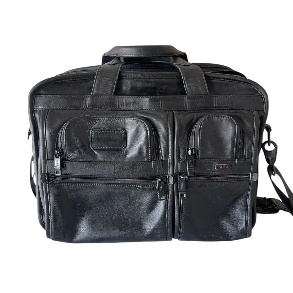 TUMI Black Leather Expandable Laptop Briefcase